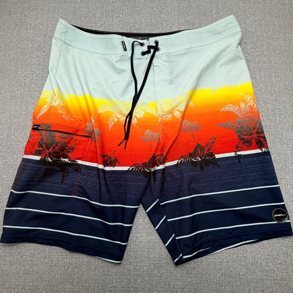 O'Neill Hyperfreak Men's Board Shorts 33 Floral Stripe Stretch Swim Trunks Surf
